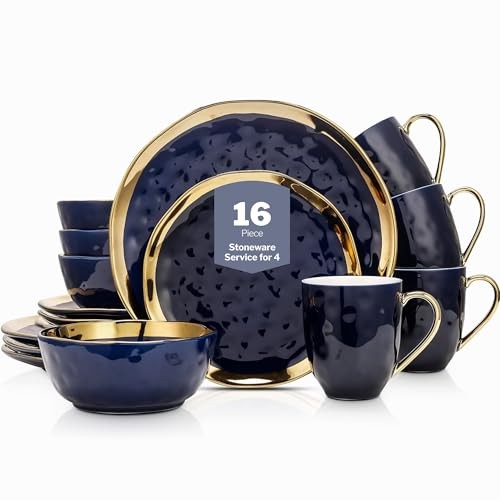 Stone Lain Porcelain 16 Piece Dinnerware Set, Service for 4, Blue and Golden Rim gallery