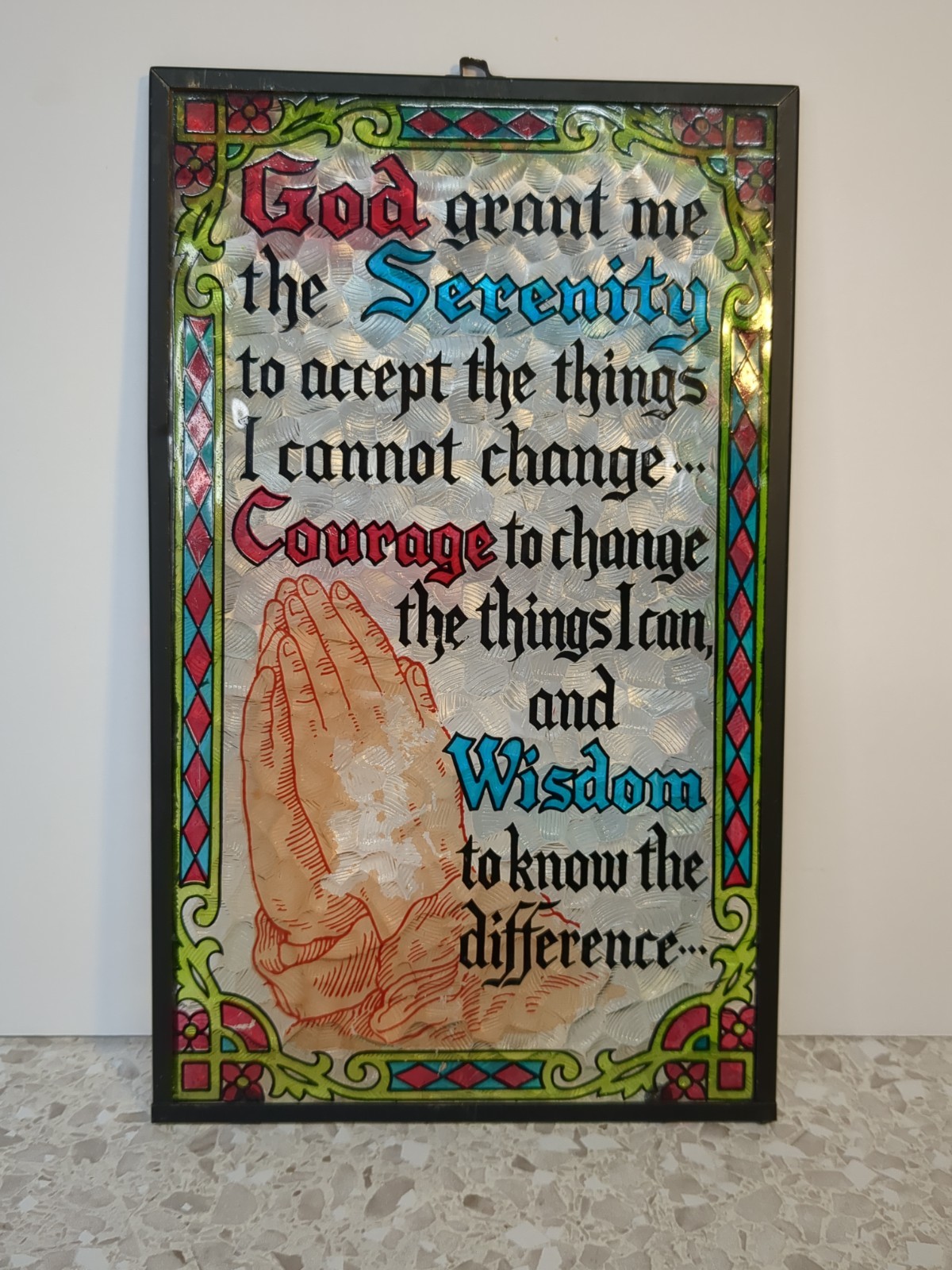 VINTAGE Painted GLASS SUNCATCHER PRAYING HANDS Serenity Prayer Window Hanger gallery