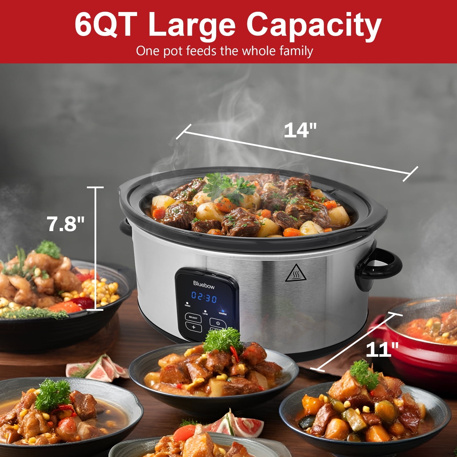 Bluebow Slow Cooker, 6 Quart, Stainless Steel, Removable Stoneware Pot, 3 Heat gallery