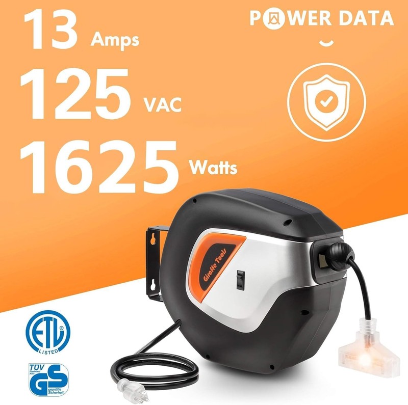 Giraffe Tools 50FT Retractable Extension Cord Reel 14/3AWG SJT Power Cord Reel gallery