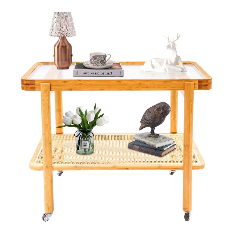 Log Color 2-Tier Rectangular Coffee Table Tempered Glass Bamboo Rattan Wheels gallery