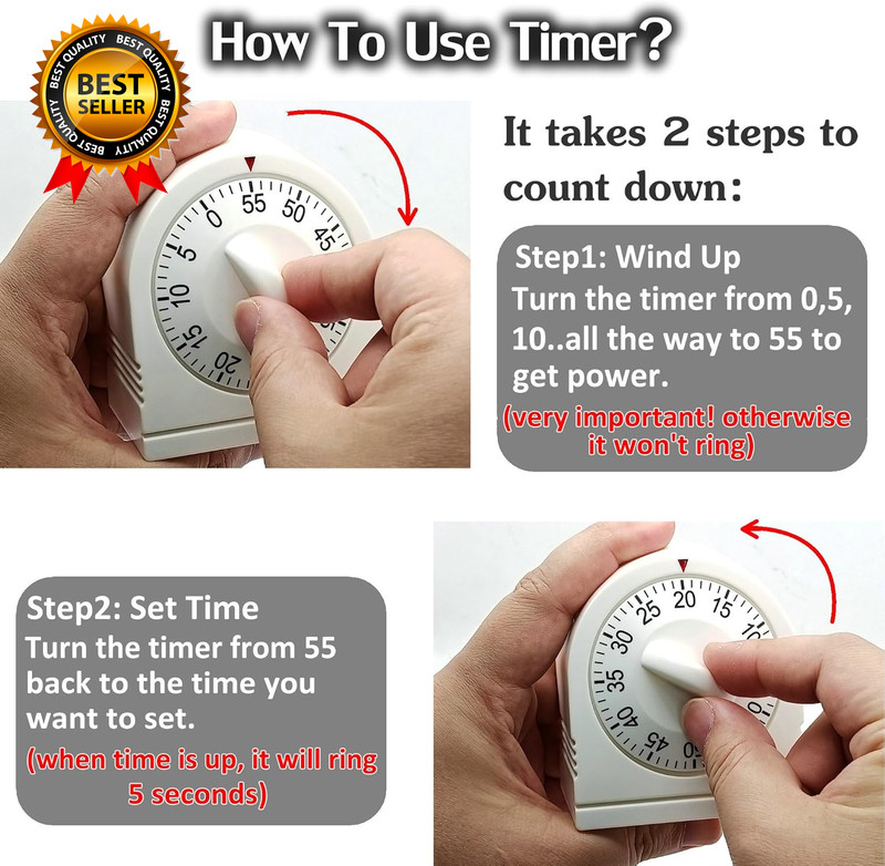 60 Minute Wind up Timer, Visual Mechanical Timer with Loud Alarm Manual gallery