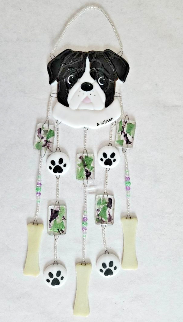 Handcrafted Fused Glass Black, White, Brown Bulldog Windchime/New gallery