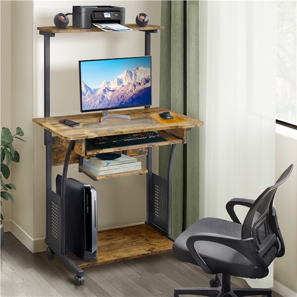 3 Tier Rolling Computer Desk w/Printer Shelf Keyboard Tray Rustic Mobile Desk gallery