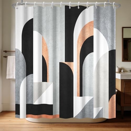 Minimalist Shower Curtain with 12 Hooks 71x74 Inch - Black and Silver Grey gallery