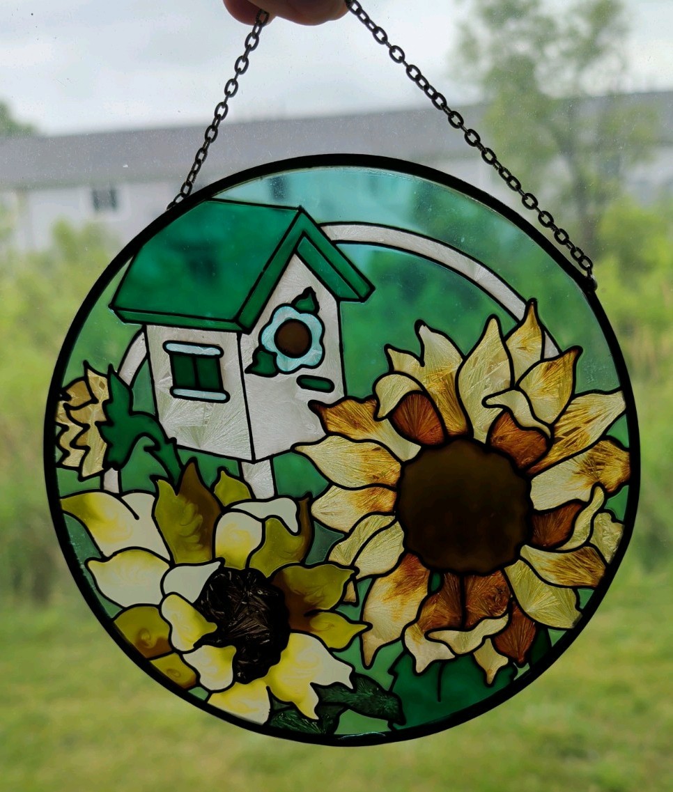Hand Painted Suncatcher Stained Glass Window Art Sunflowers Bird House AMIA gallery