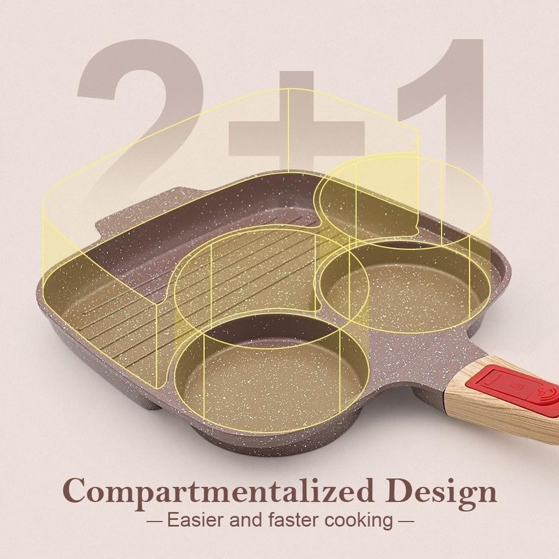 3 Section Ceramic Egg Pan Non Stick Detachable Handle Tempered Glass Lid Cooking gallery
