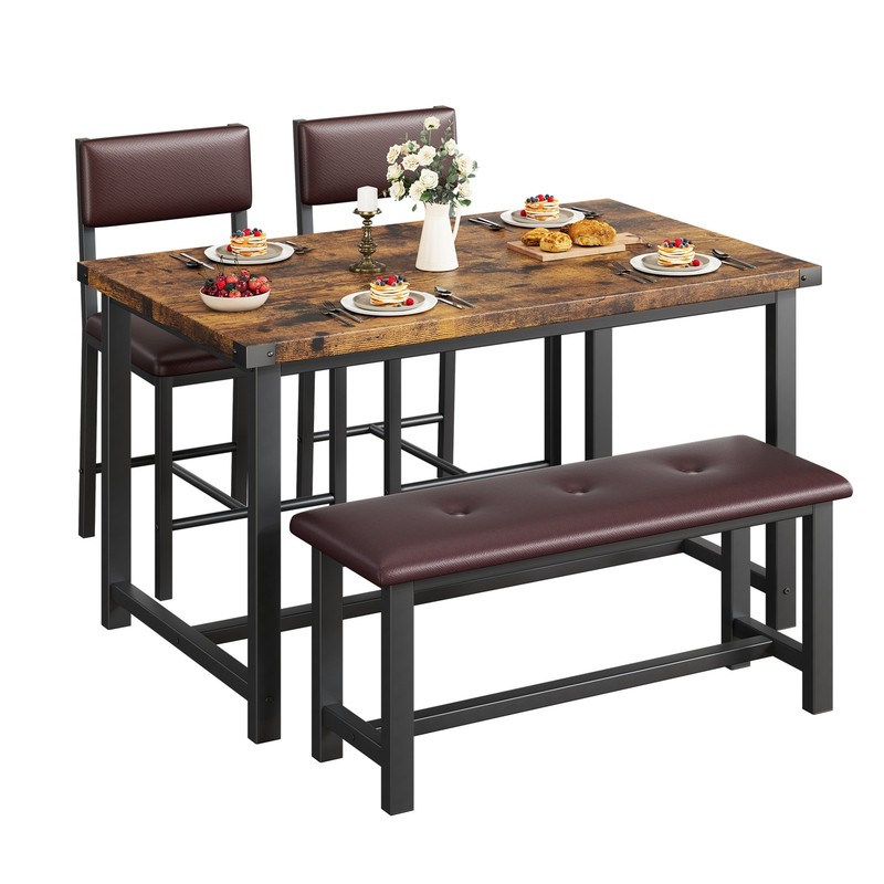 Modern 4-Piece Dining Table Set for 4, Kitchen Table, Bench, 2 Padded Chairs gallery