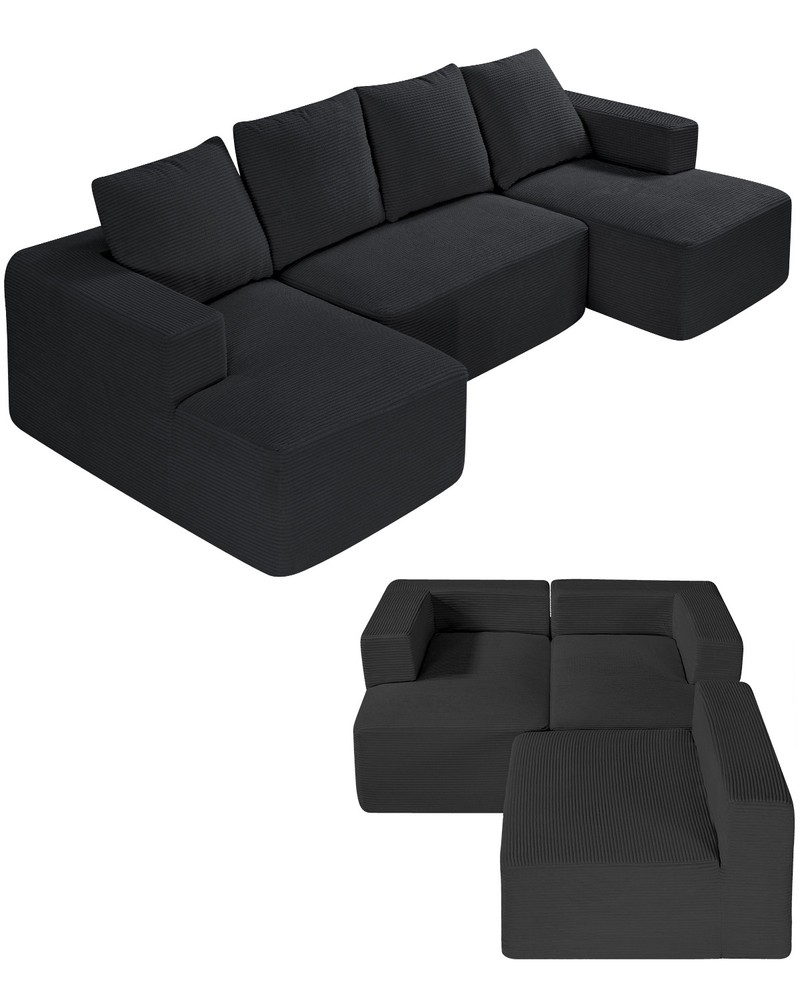 Modular Sectional Sofa U Shaped Cloud Couch with Chaise and Cushion Black