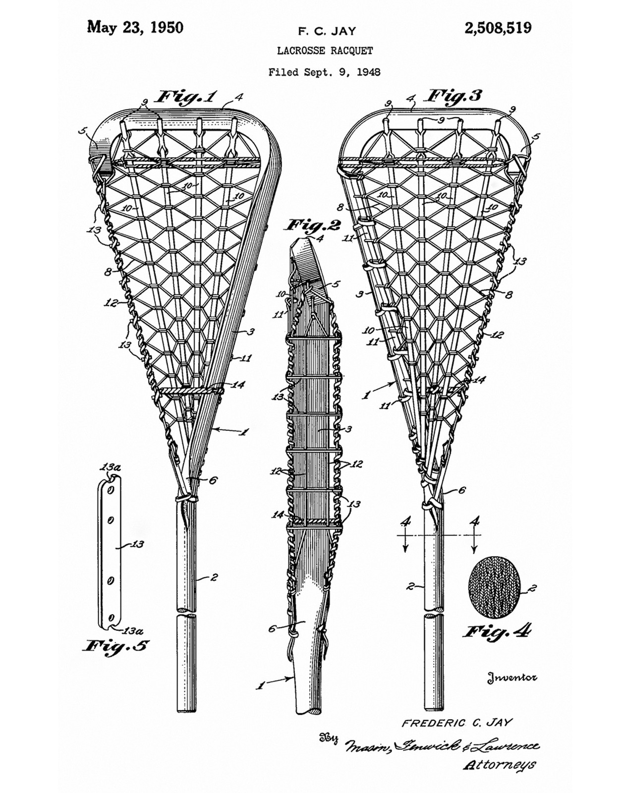 Lacrosse Stick Racket Racqet 1950 US Patent Prints Art Drawings Sports Poster gallery