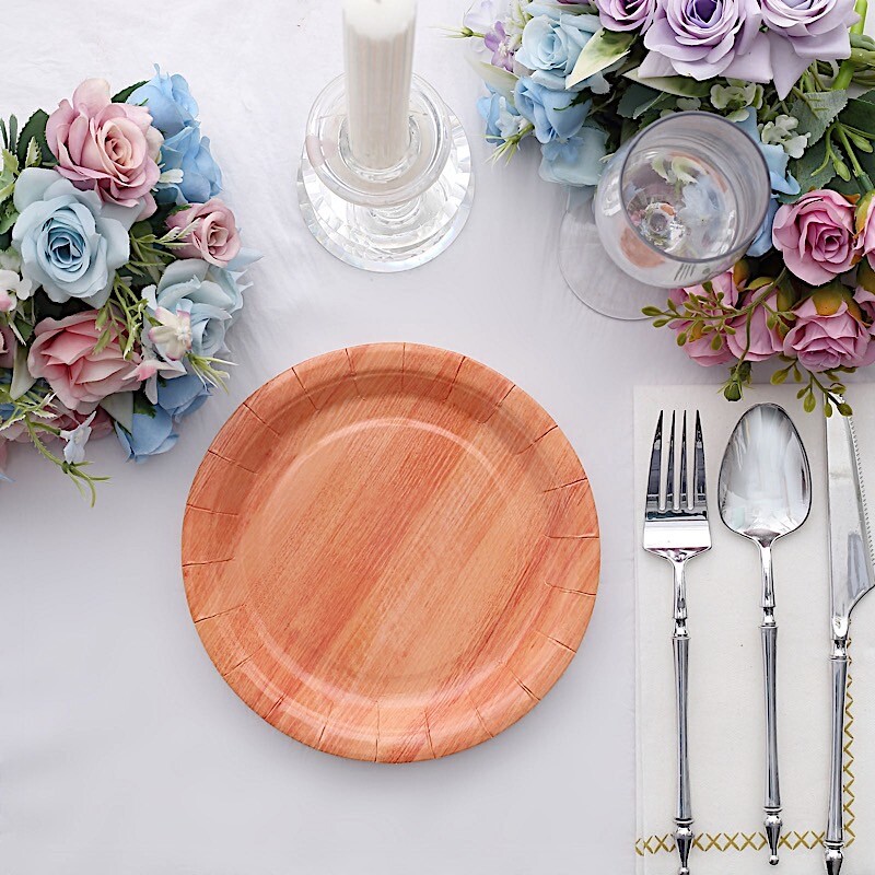 25 Natural 7 in Round Disposable Paper PLATES Wood Grain Design Party Events gallery