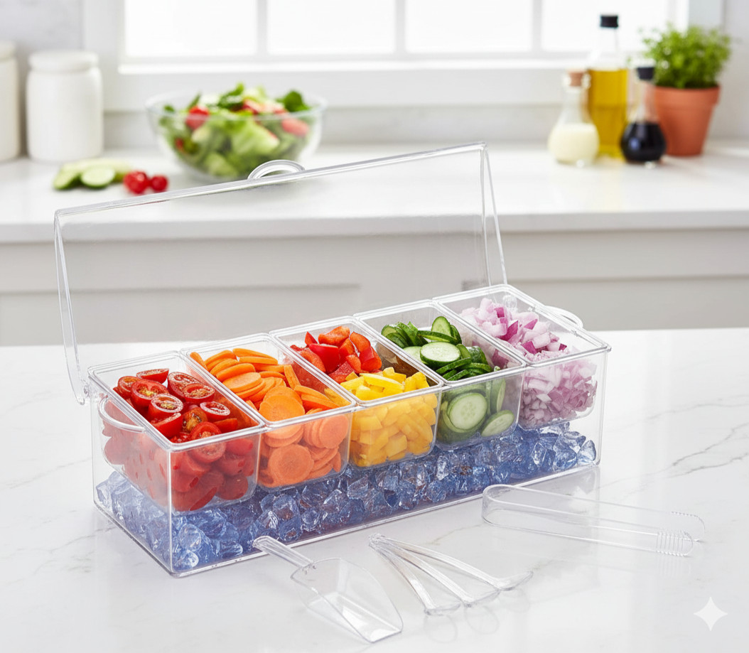 Condiment Server Tray with Lid – 5 Compartment Ice Chilled Buffet Bar gallery