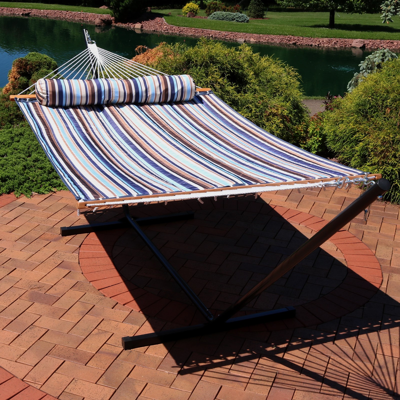 Large Quilted Fabric Hammock with Steel Stand and Pillow - Ocean by Sunnydaze gallery