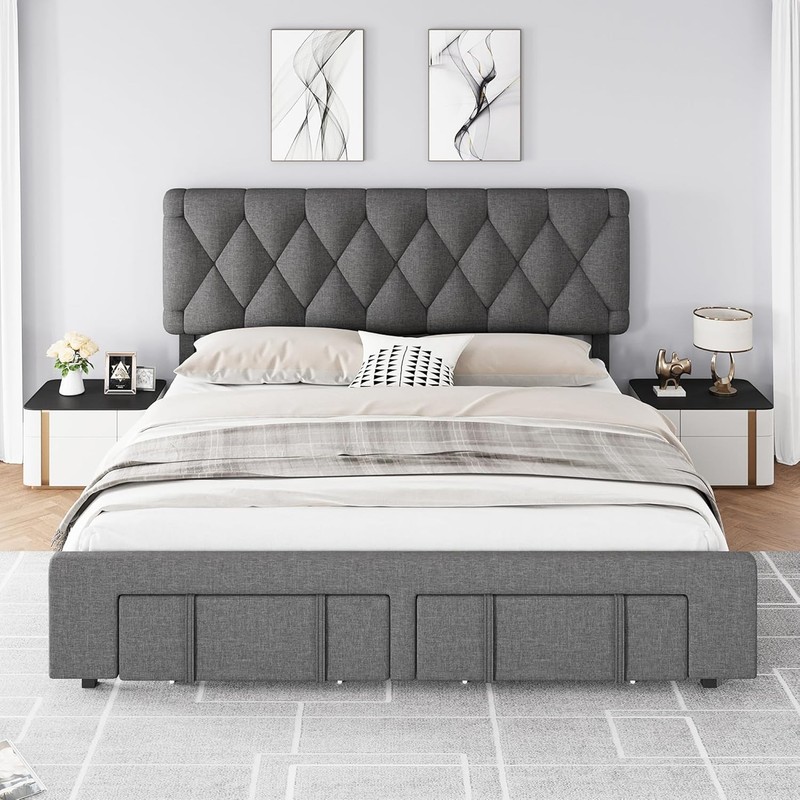 Queen Size Bed Frame, Upholstered Platform Bed Frame with 2 Storage Drawers gallery