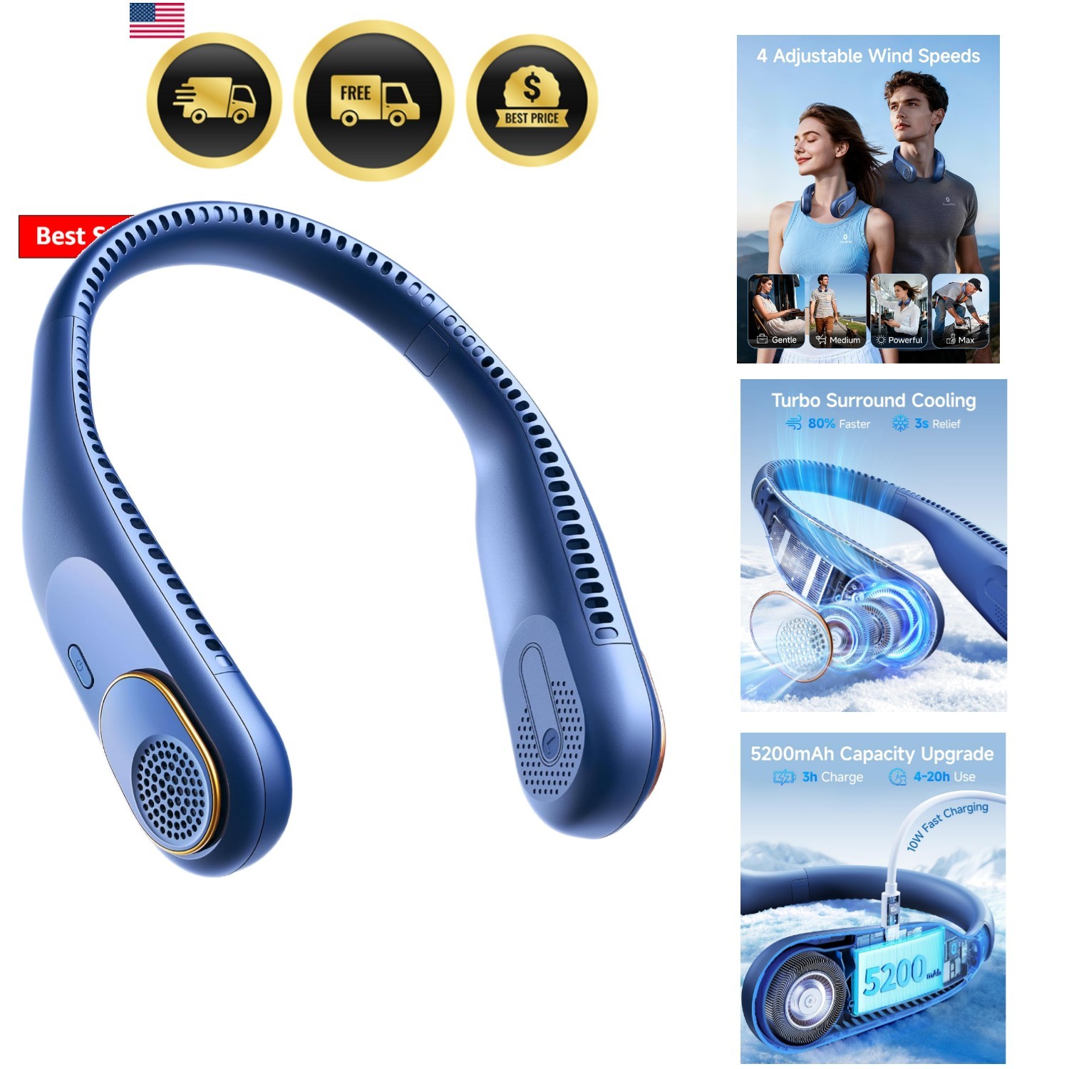 Portable Neck Fan: 5200mAh Bladeless Personal Fan | 4 Speeds, 20H Max Runtime... gallery