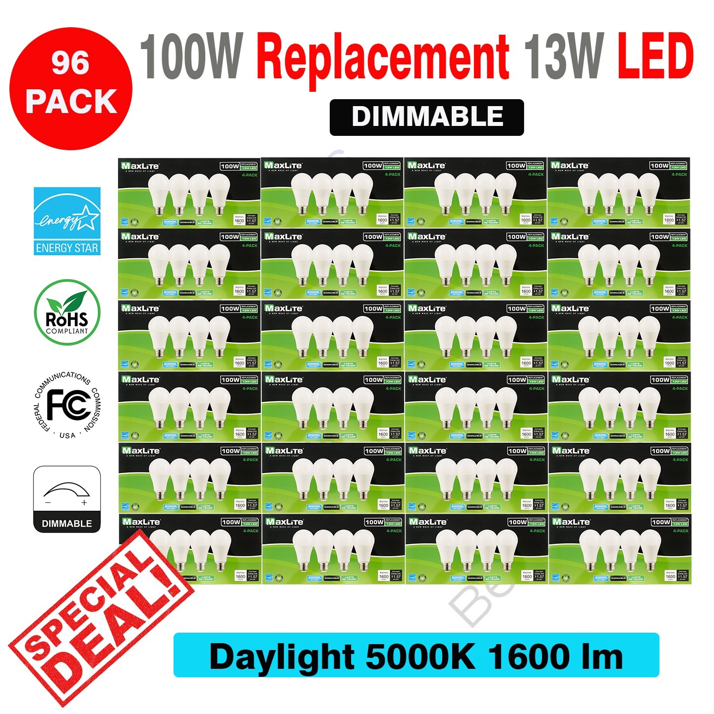 96 PACK Maxlite Dimmable LED 13W Daylight Light Bulb A19 100W replacement 5000K gallery