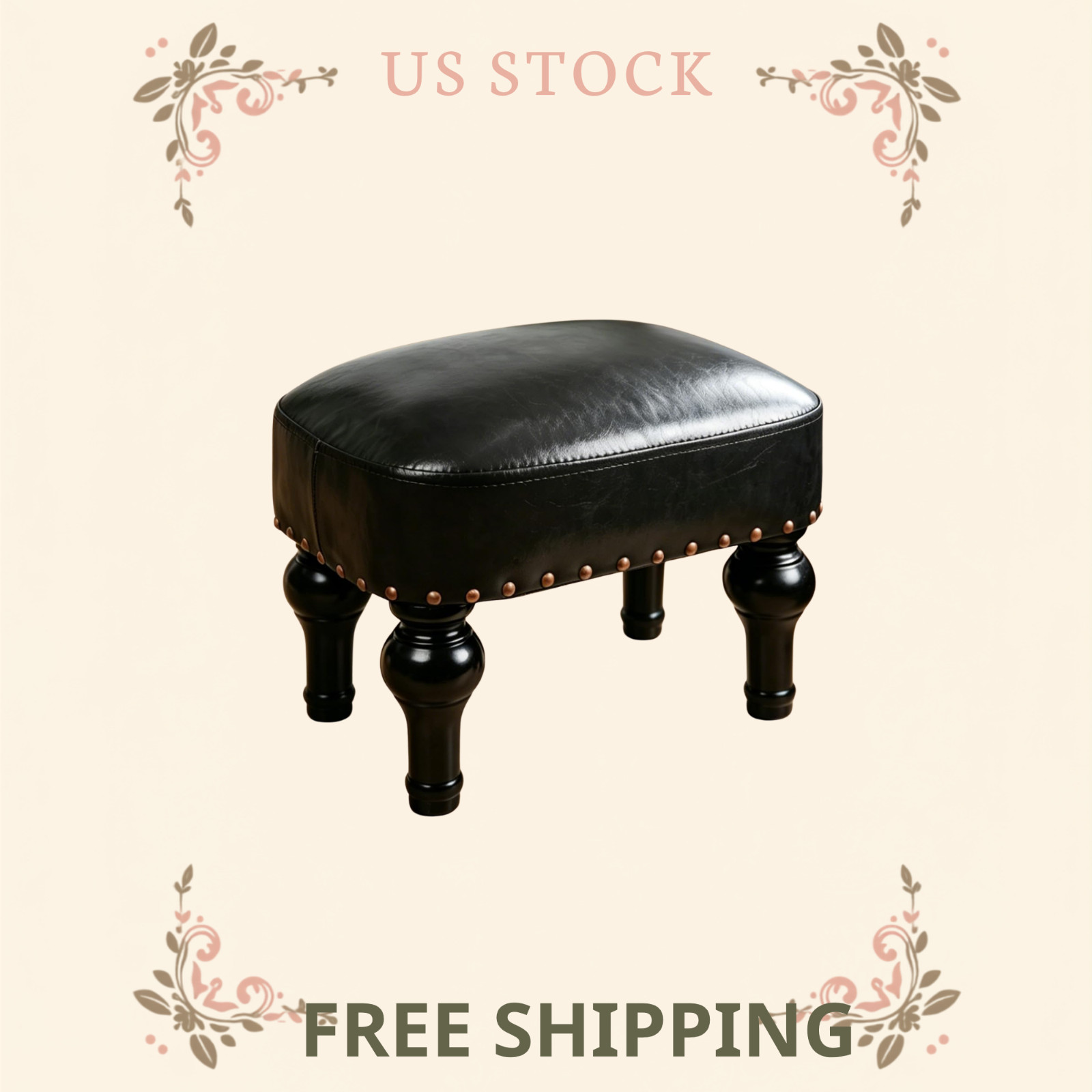 Leather Footrest Wood Ottoman,Rustic Foot Stools Seat, Wood Footstool,Rectangle gallery