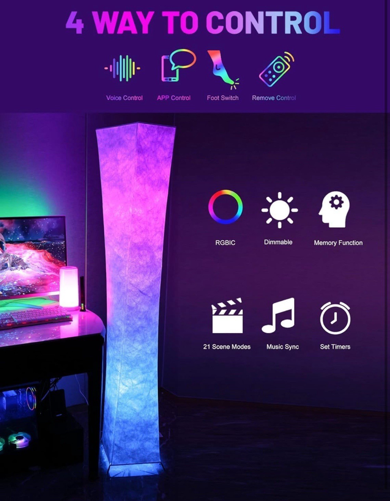 LEONC Floor Lamp with Remote, Tuya Smart 9w×2 Bulbs Included, 65" Smart Moder... gallery