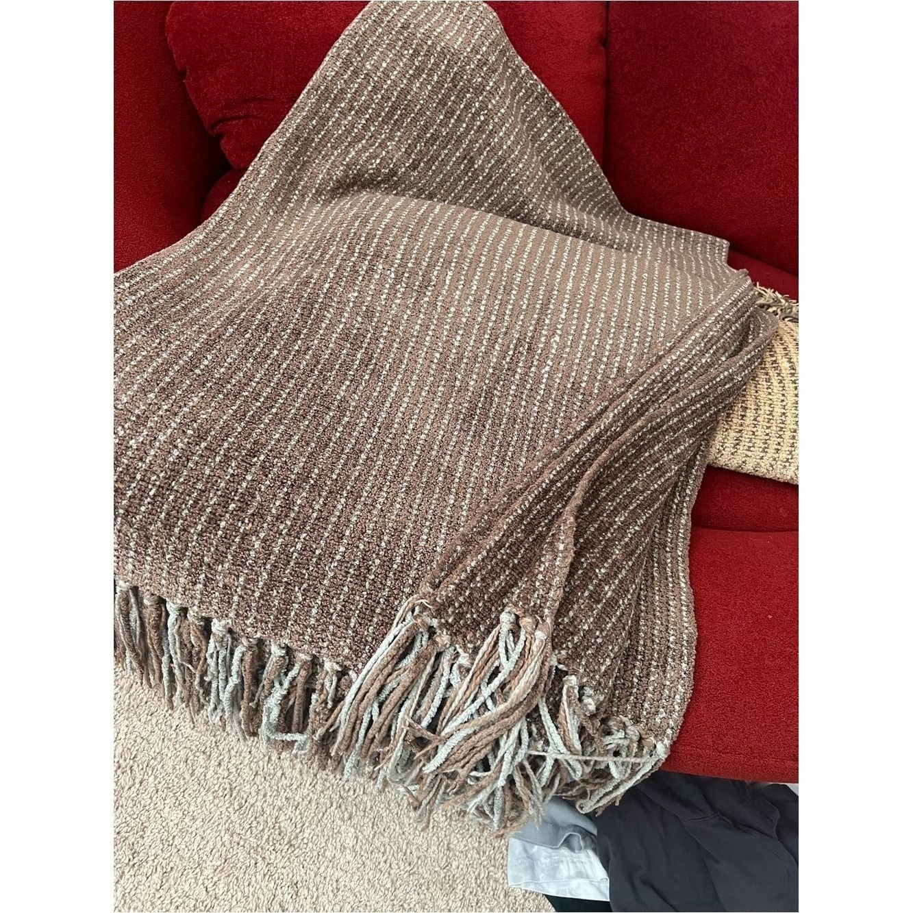 Restoration Hardware 5lb Brown and Blue Chenille Woven Fringe Throw gallery