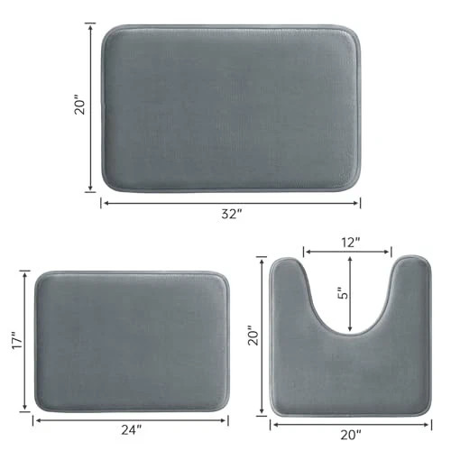 Grey Bathroom Rugs Set, 3 Piece, Ultra Soft Velvet Memory Foam, Non-Slip & gallery