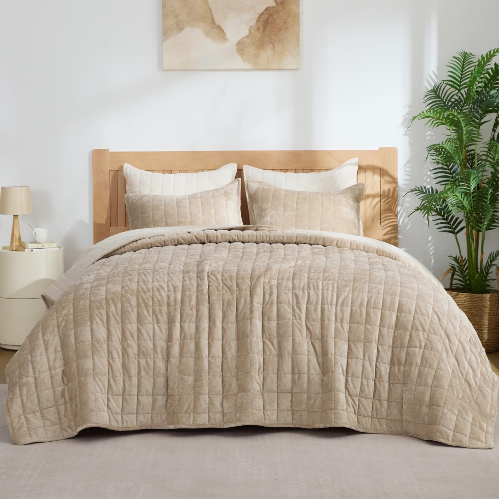 Velvet Quilt Set King Size Lightweight Taupe Comforter 2 Shams BEDELITE Luxury gallery