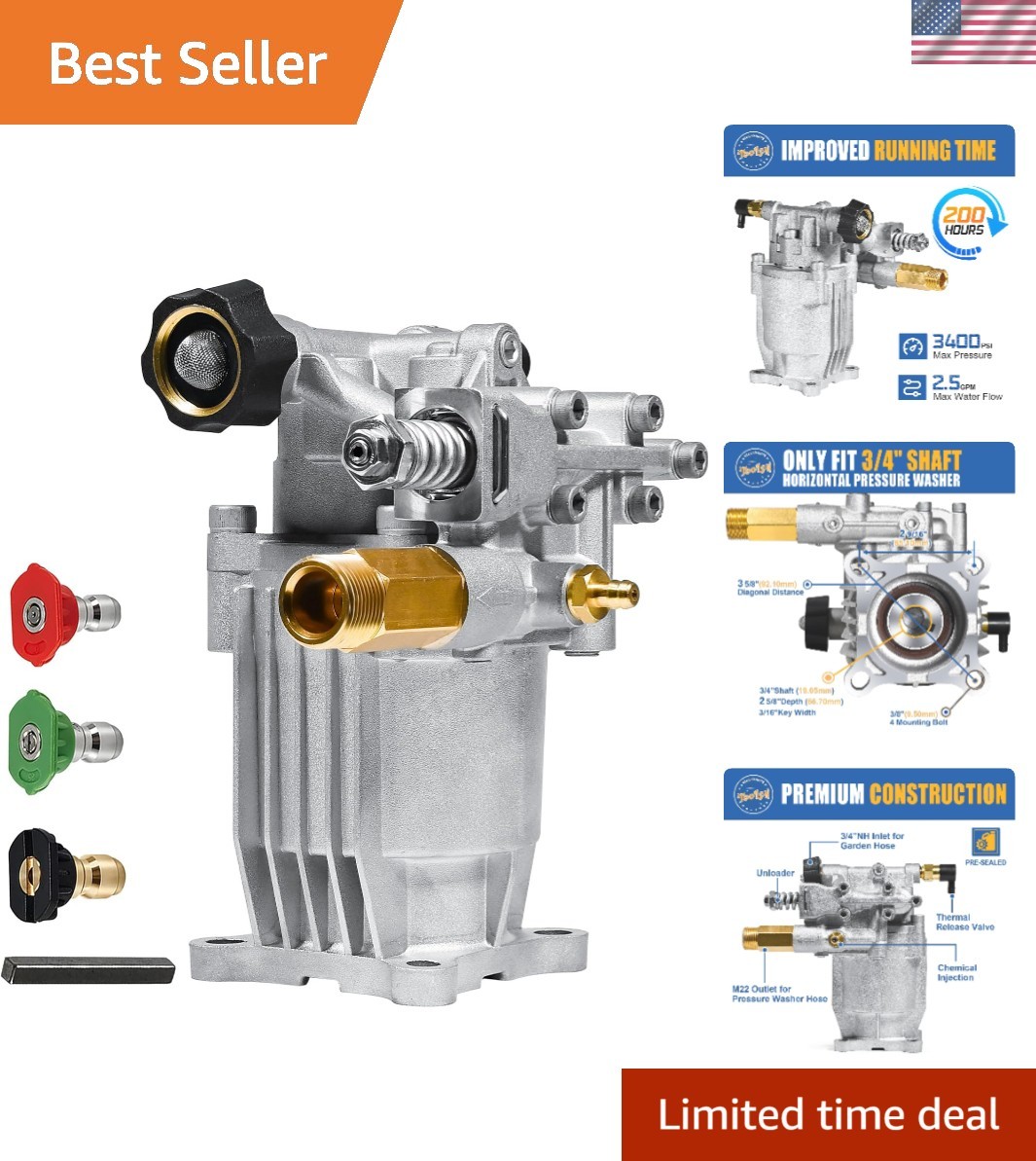 3/4" Shaft Horizontal Pressure Washer Pump, 2600-3400 PSI @ 2.5 GPM - Power W... gallery