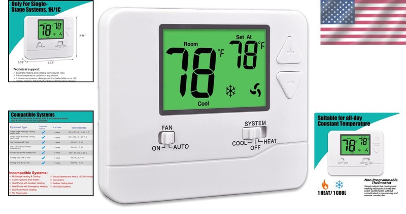 Reliable Non-Programmable Thermostat for 1 Heat/1 Cool Systems - Easy to Install gallery