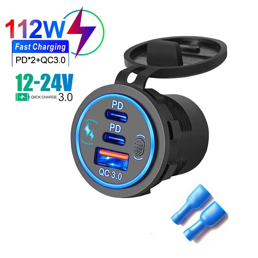 Car Charger Socket PD3.0 & QC3.0 Double USB C Ports Waterproof with LED Touch