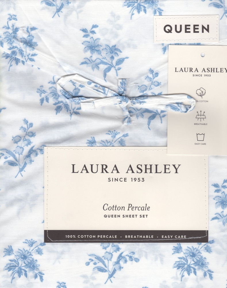 Laura Ashley Queen Sheet Set Victorian Bouquet Blue 4pc Cottage Farmhouse Chic