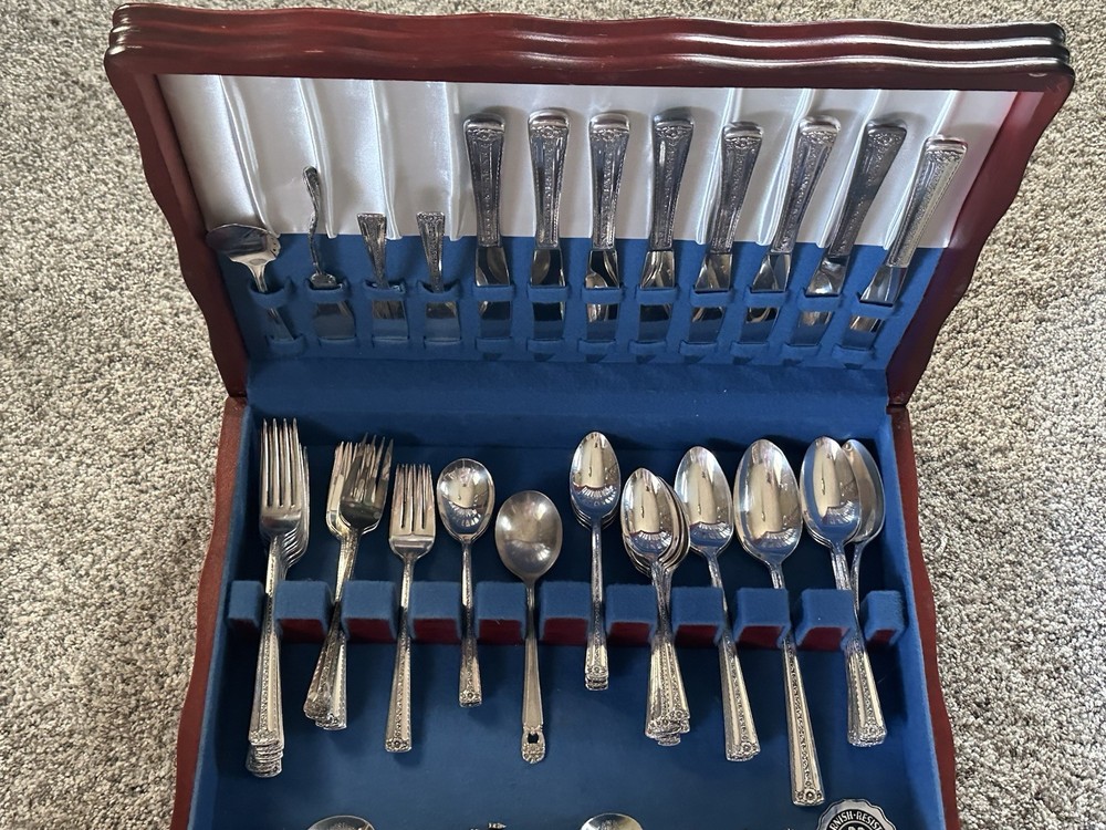 53pc Silver Tone Floral Handle Flatware Set w/ Medium Brown Wood Case, 8