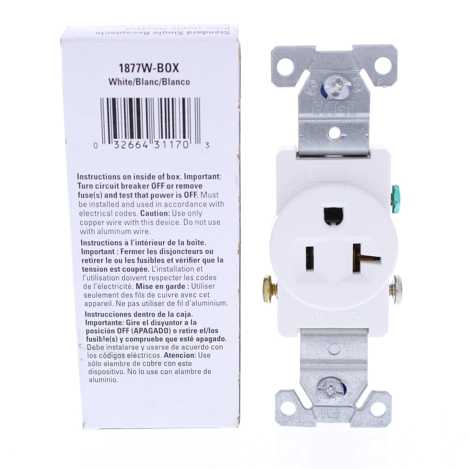 Eaton White COMMERCIAL Outlet Single Receptacle NEMA 5-20R 125V 20A 1877W Boxed gallery