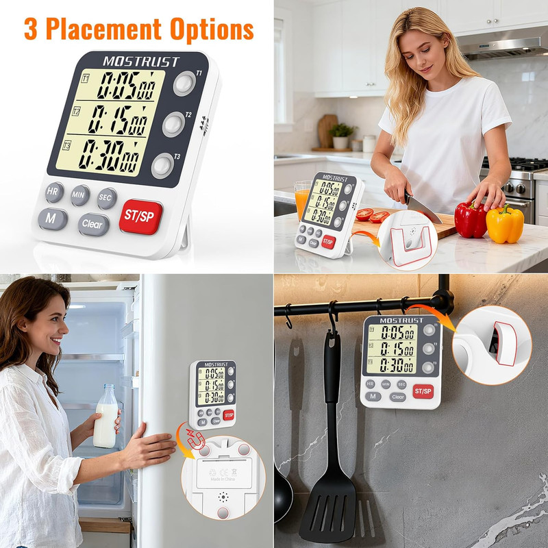 Triple Countdown Kitchen Timer with Large Display & Adjustable Alarm Volume gallery