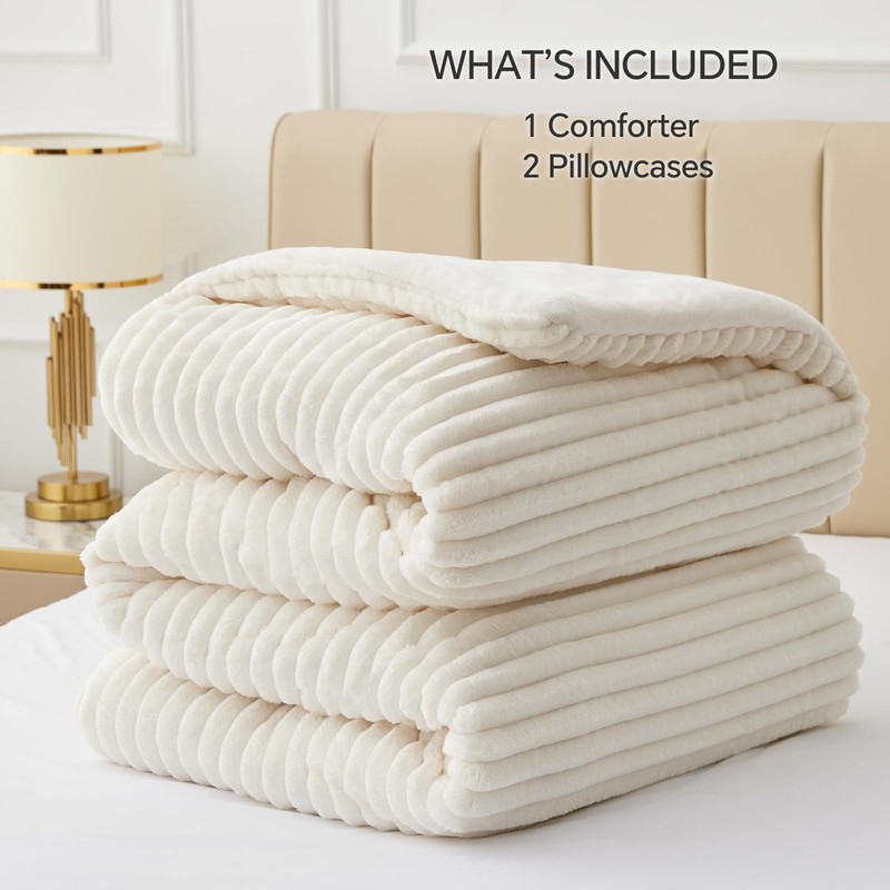 Fleece Queen Comforter Set -Super Soft & Warm Fluffy Cream White Bedding, Lux... gallery