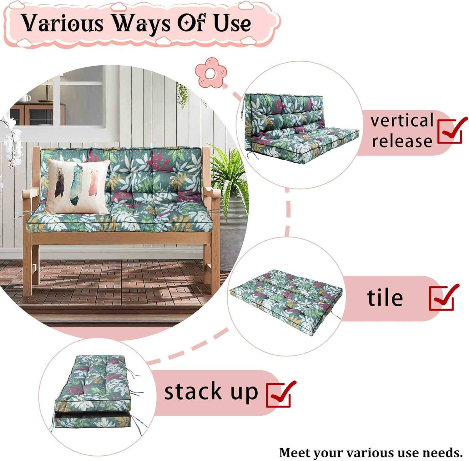 Outdoor Swing Replacement Cushion, 4" Thick Waterproof Green Floral 40x55In gallery