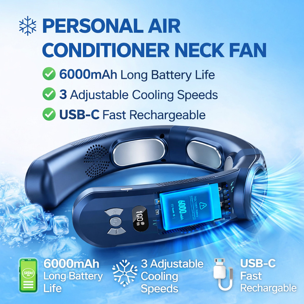 Personal Air Conditioner 6000mAh Neck Fan Rechargeable 3-Speed Portable Neck Fan gallery