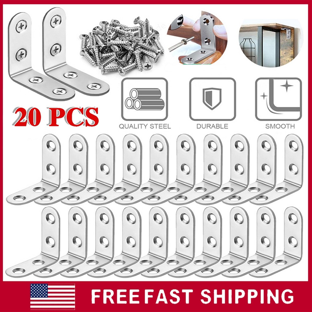 20 Pcs L Bracket Corner Brace Sets Silver Stainless Steel 90 Degree Right Angle