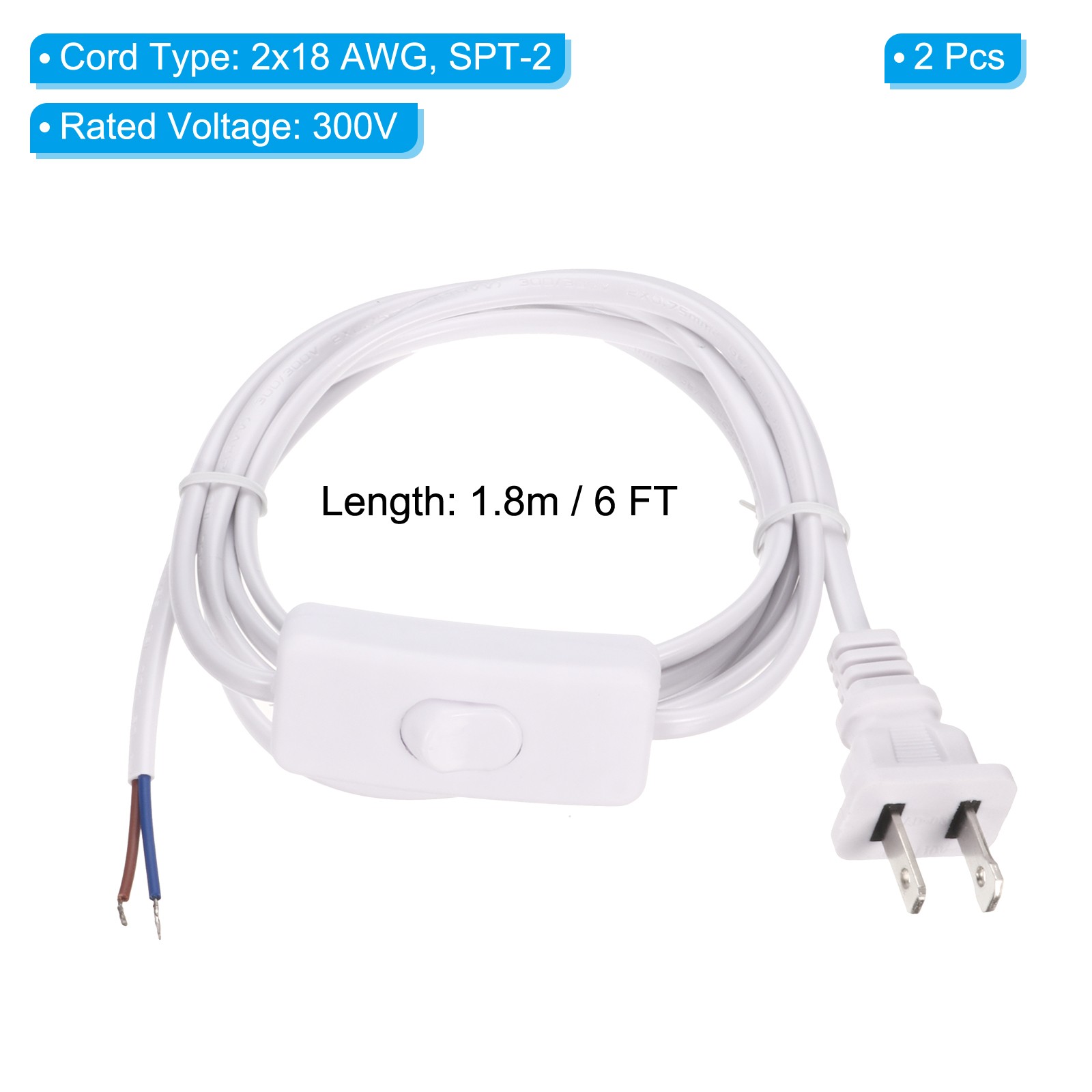 2Pcs 6FT 18/2 US Plug Lamp Cords with Switch Pure Copper Stripped End White gallery