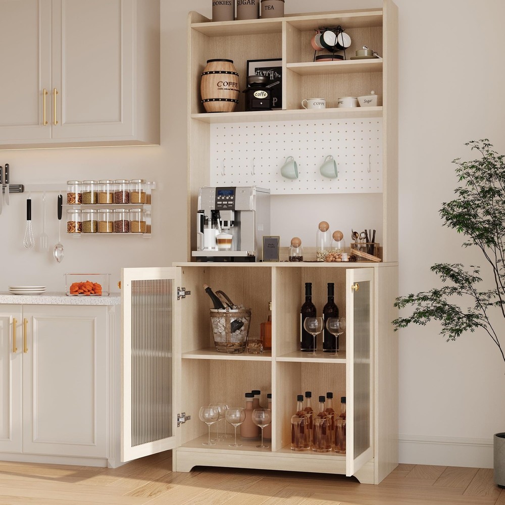 Farmhouse Kitchen Pantry Cabinet 71" Food Pantry Cabinet with Microwave Stand