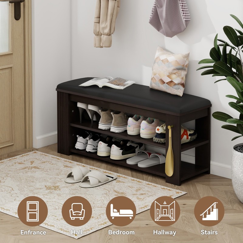 Entryway Bench with Storage and Hooks - PU Leather Ottoman Shoe Rack for Hallway gallery