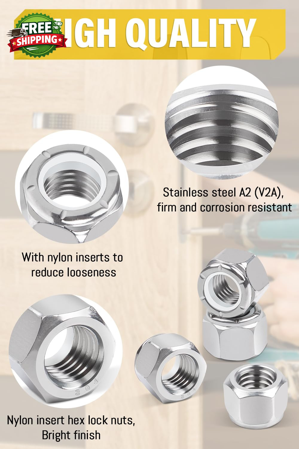 100Pcs 10 24 Nylon Insert Hex Lock Nuts A2 304 Stainless Steel Self Locking gallery