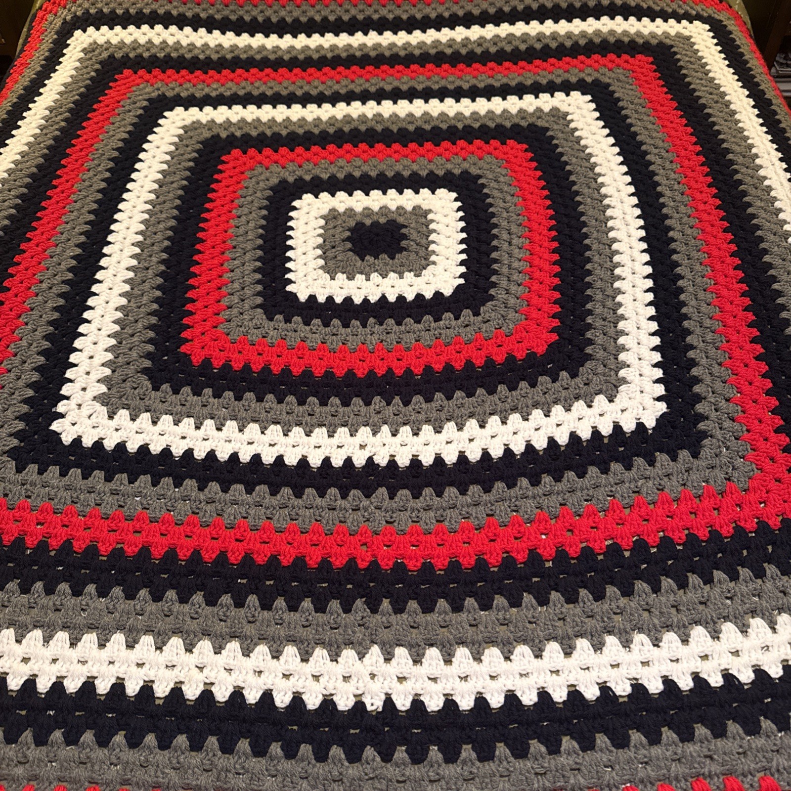 Handmade Crocheted Afghan Red Black White Gray 60” x 60” Throw Blanket gallery