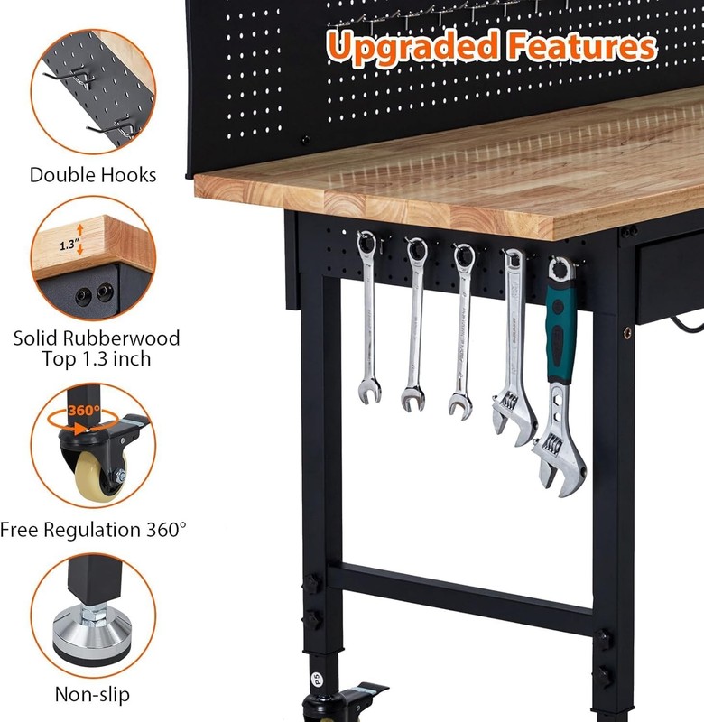 60'' Adjustable Workbench with Power Outlet, Wheels, Drawers, Pegboard gallery