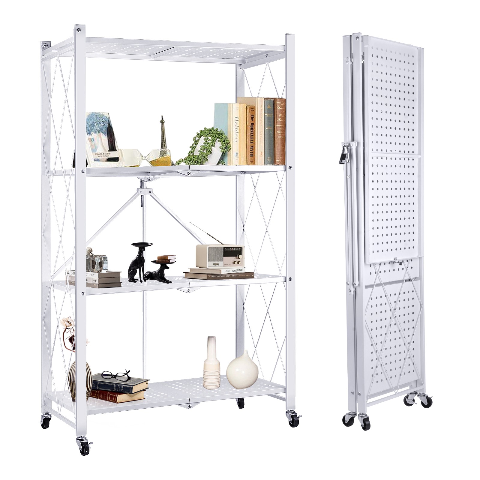 4-Tier Heavy-Duty Storage Rack Foldable Shelving Wheels Kitchen & Garage Metal gallery