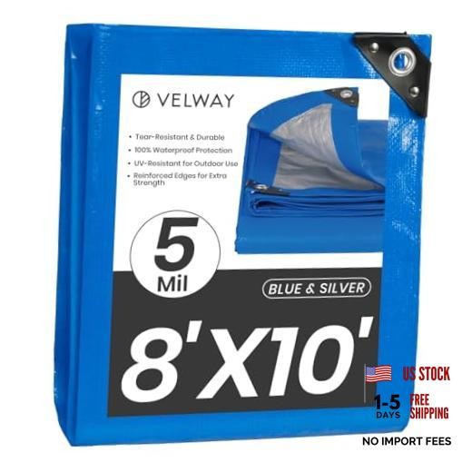 8' x 10' Waterproof Tarps 5 Mil - Multipurpose Poly Tarpaulin with 8x10ft Blue