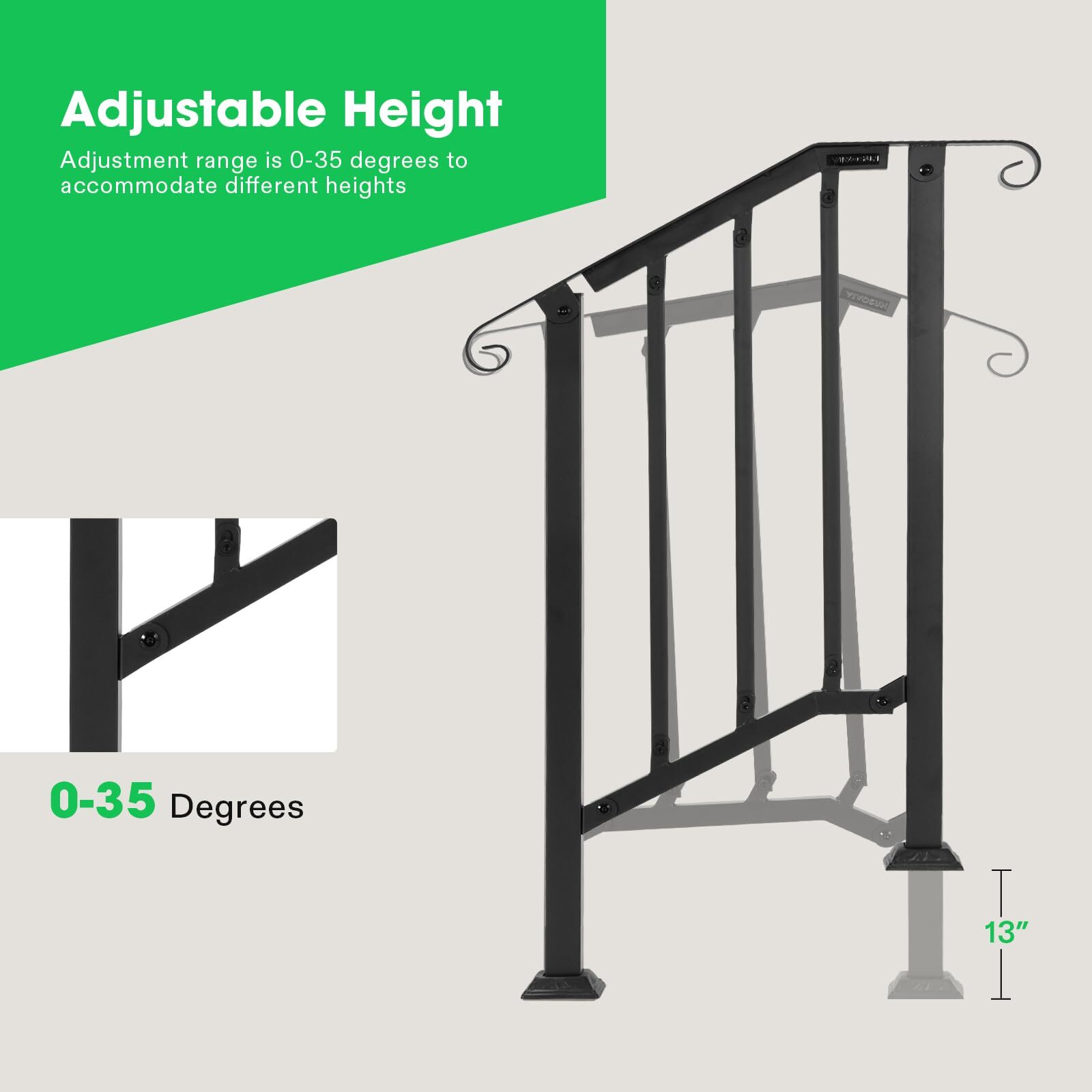 VIVOSUN Wrought Iron Handrails 1-2 Step Outdoor Stair Railing, Porch Post 0-35° gallery