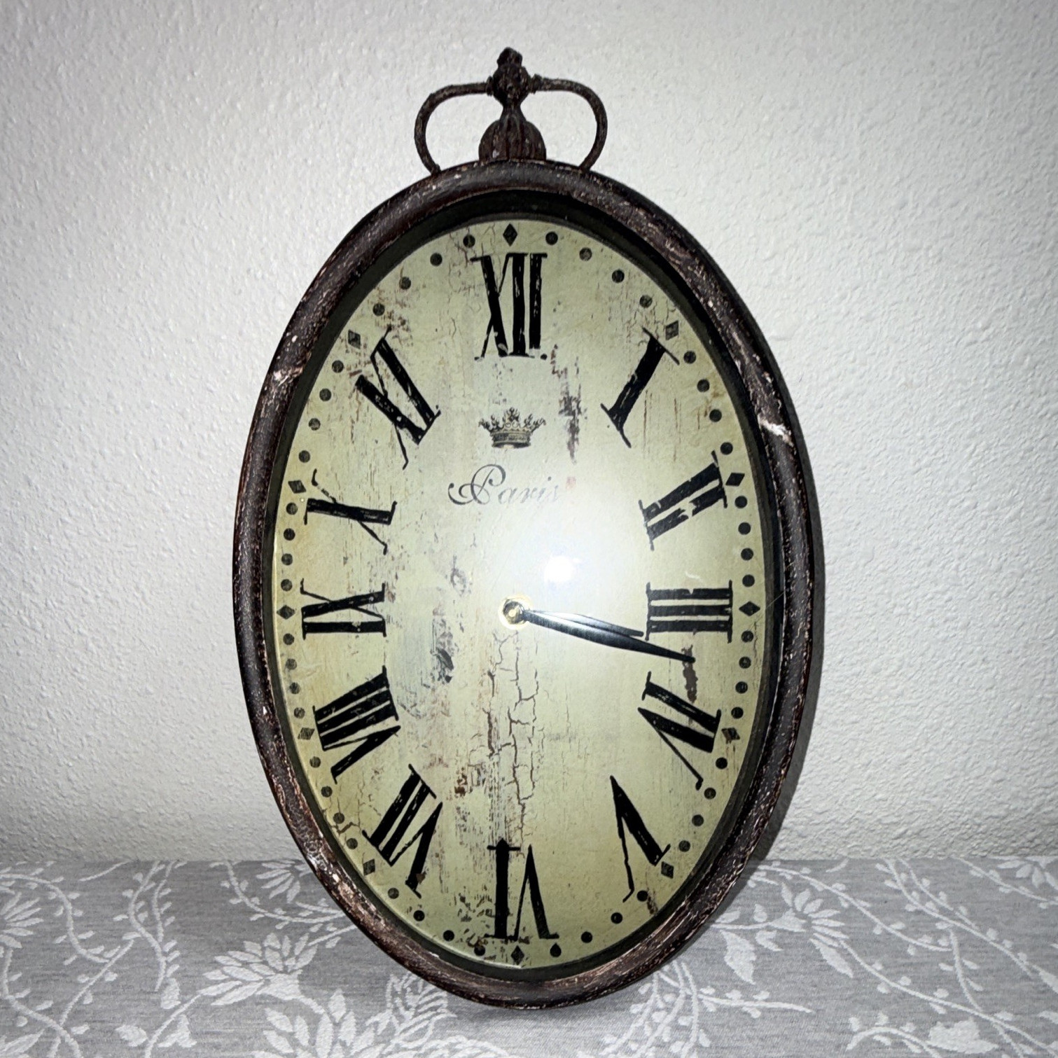 Oval Hanging Wall Clock Analog Roman Numerals Metal Frame Brown/Beige gallery