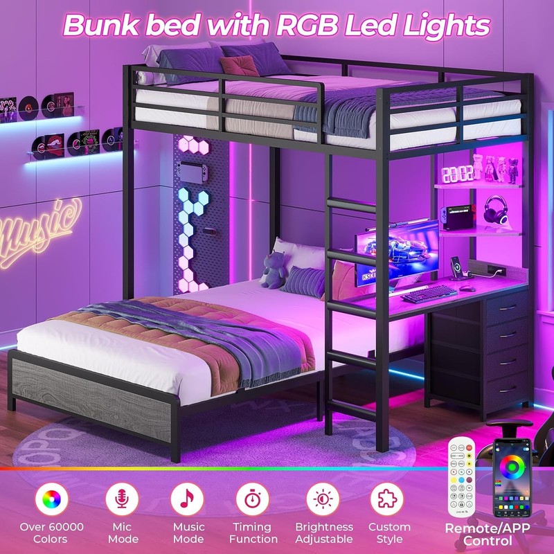 Twin Over Full Bunk Bed with Desk, Bunk Beds Twin Over Full Size with Charging gallery