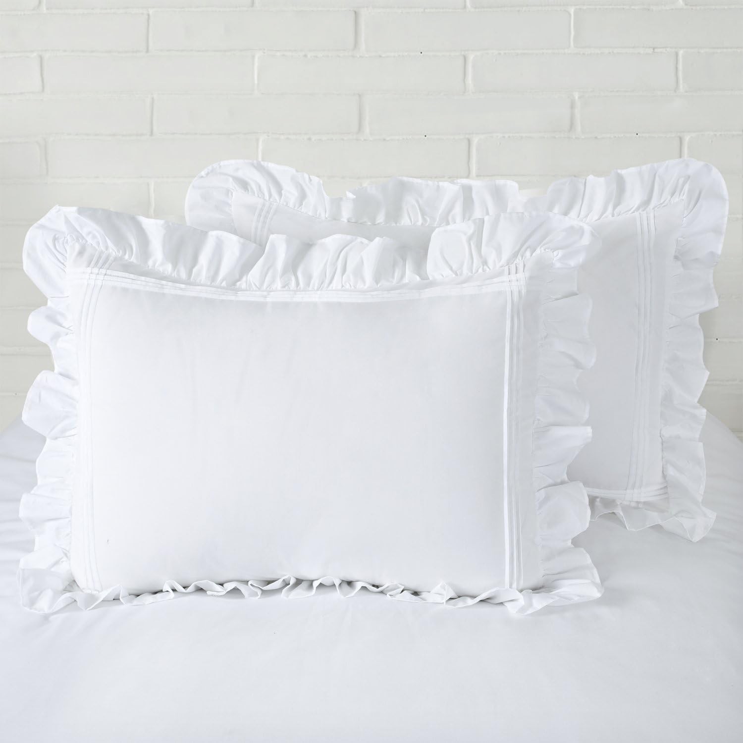 Ruffled Pillow Shams White Standard Set of 2 Lace Pillowcases Shabby Chic Bri... gallery