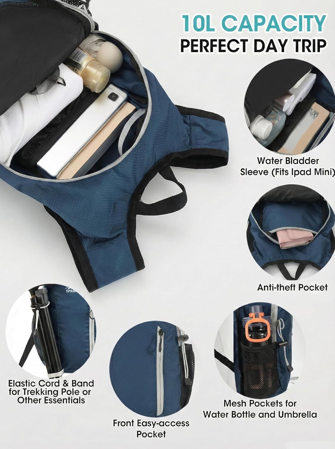Foldable Small Hiking Backpack with 3 Strap Pockets – Lightweight 300D Spill-Pro 4