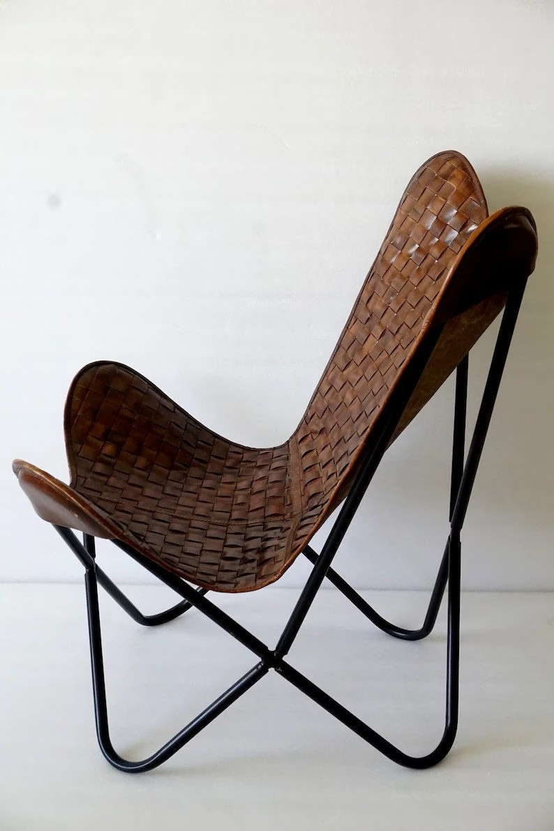 Butterfly Chair Checks Textured Leather Chair Lounge Accent Relax Folding Chair gallery